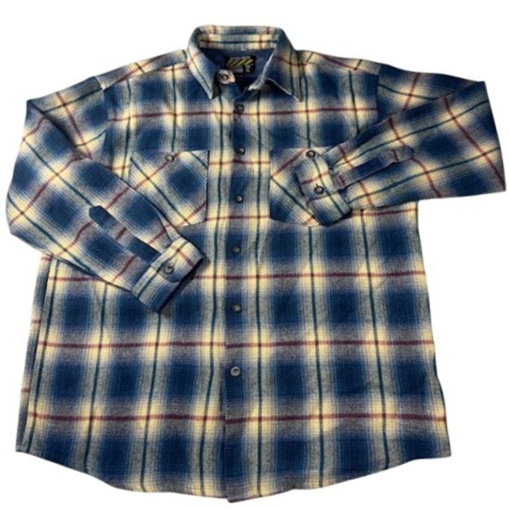 Big Rock Canyon Flannel Shirt Mens XL Blue Yellow Plaid Heavyweight Rugged‎ Wear